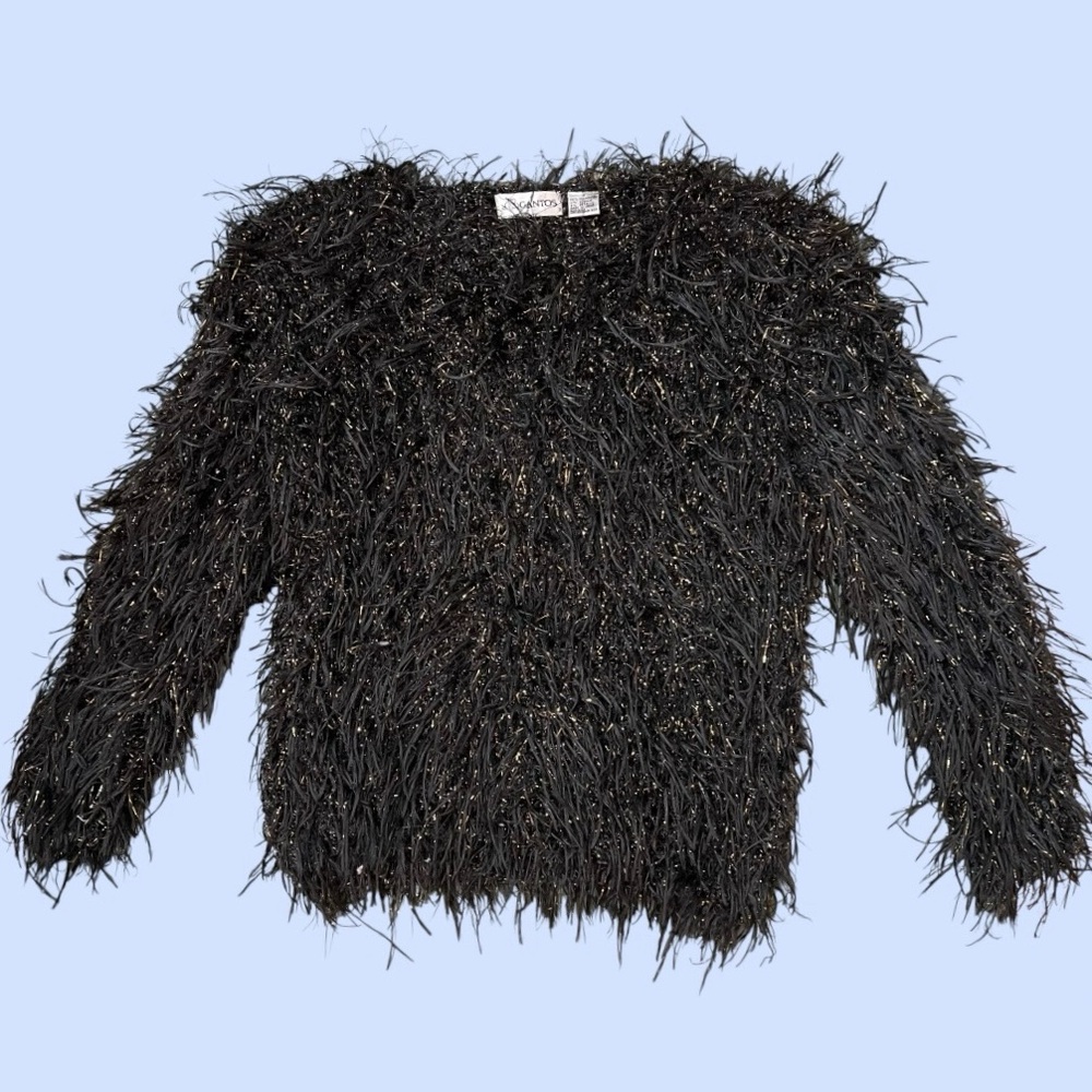 Gantos Eyelash Fringe Sweater Black Metallic Gold‎ Pullover 3/4 Sleeves Sz M VTG